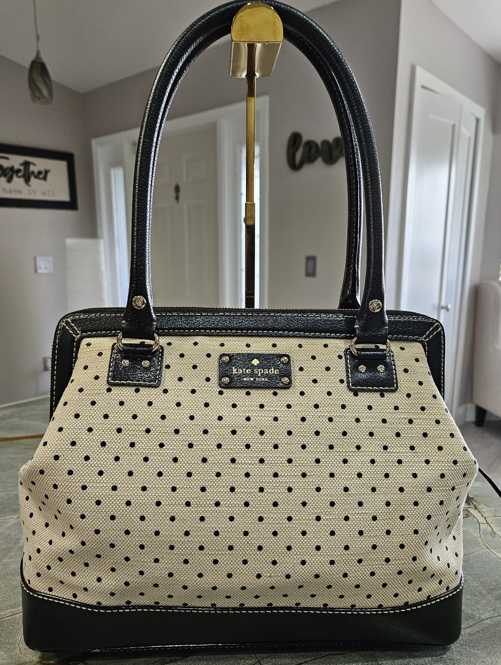 Kate Spade NY Black & White Polka Dot Canvas Satchel | Top Handle Bag-Large